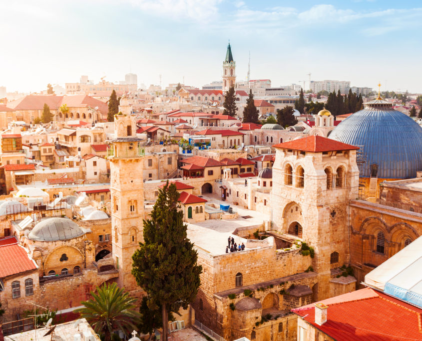 Old City of Jerusalem with the aerial view. View of the Church of the Holy Sepulchre, Israel.